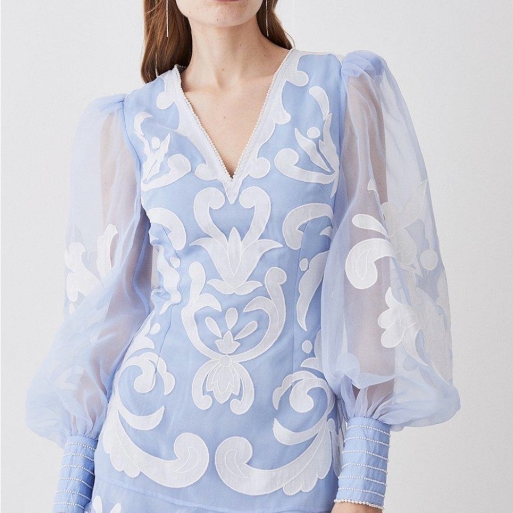 Karen Millen- Elegant Blue and White Sheer Blouse
